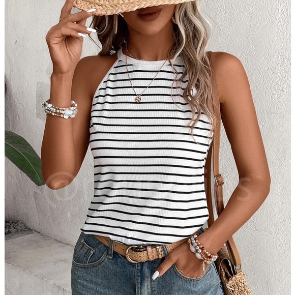 Halter Tank Top White with Black Stripes Stretchy - Picture 8 of 14